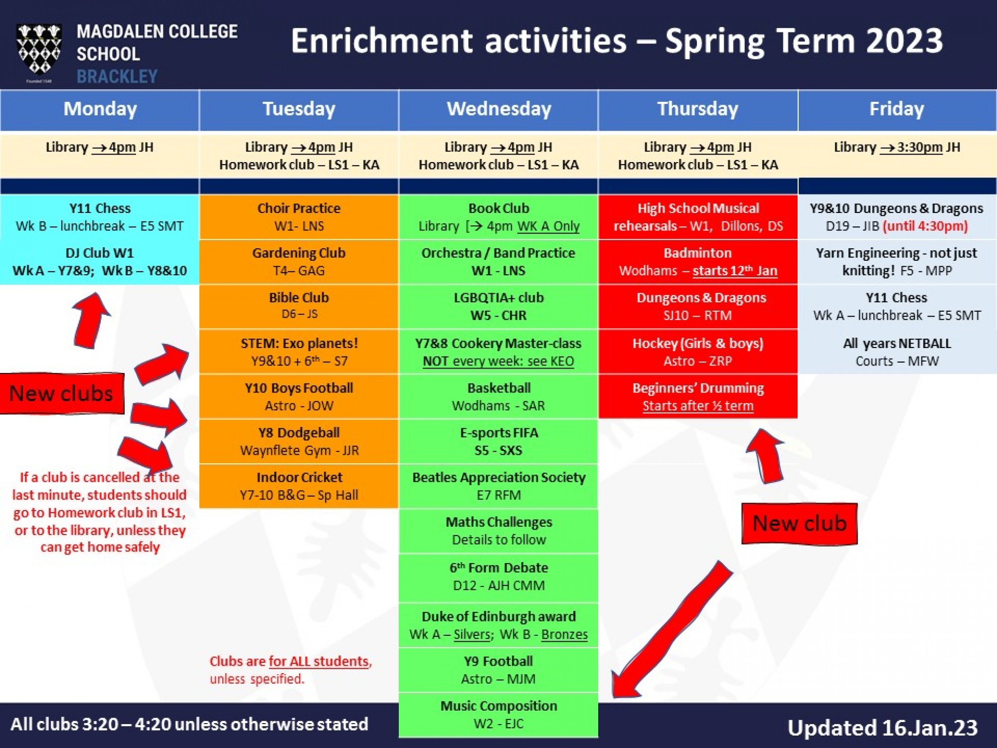 extra curricular clubs Spring 23as at 3 1 23