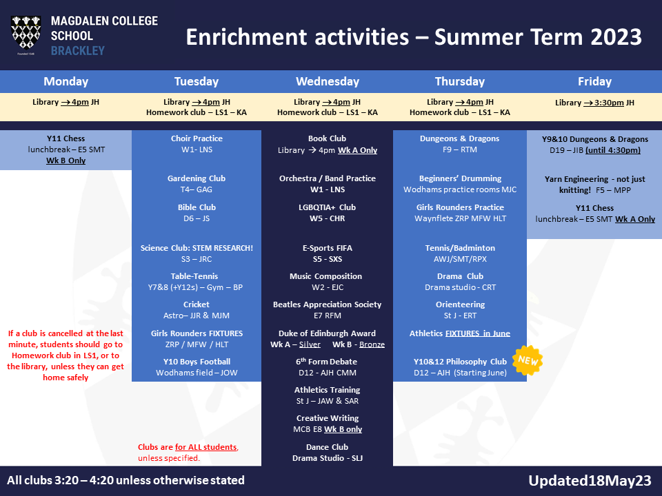 Extra curricular clubs Summer Timetable 2023